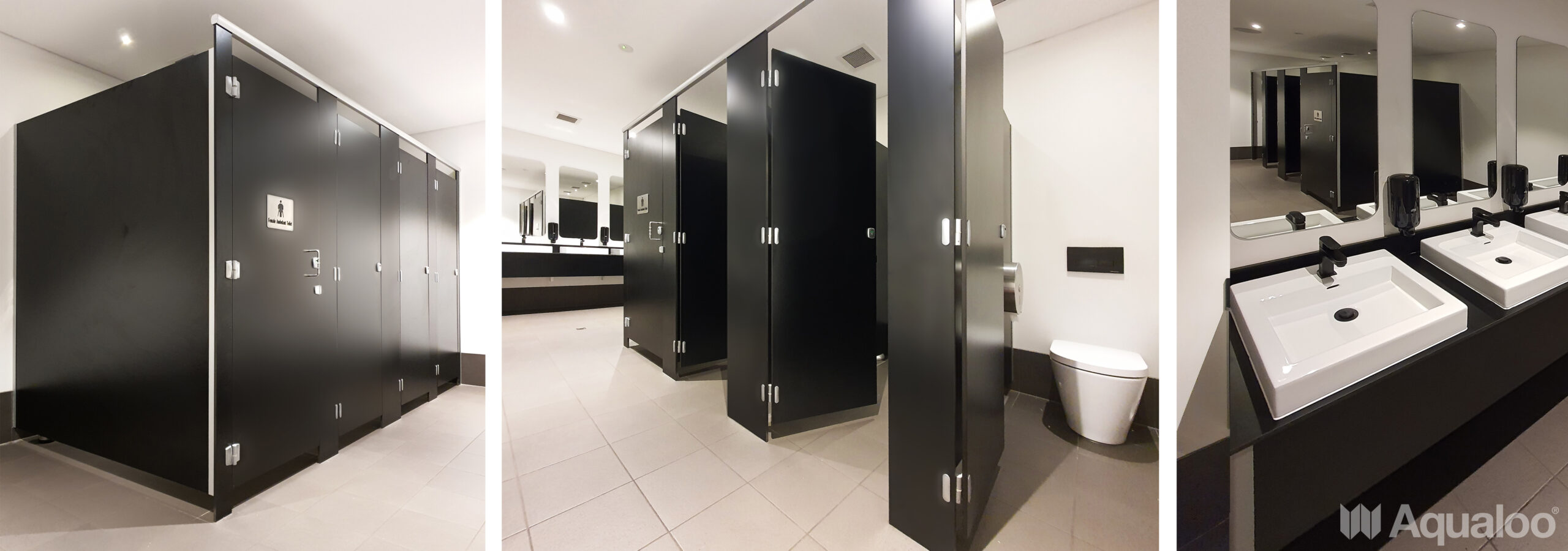 Aqualoo Regent Toilet Cubicles and Fully Recessed Compact Laminate Vanity in Maica Design Black